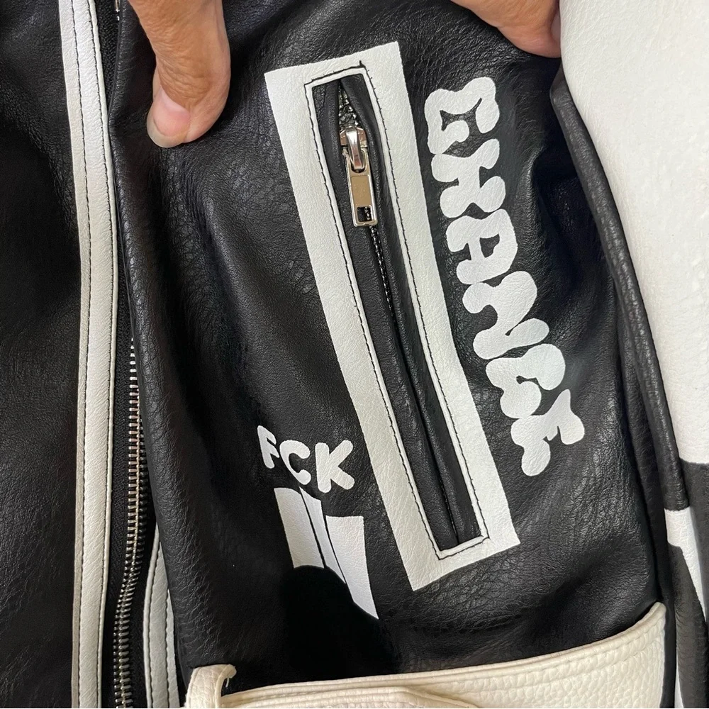 Azalea Wang Studded Black and White Graffiti Faux Leather Moto Jacket (1x) - Picture 7 of 16